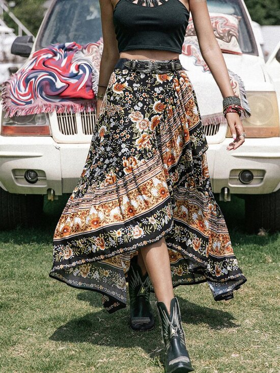 Rusttydustty Dresses & Skirts - Boho High-Low Floral Skirt - Black Multi